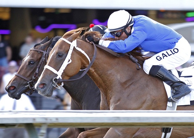 Champagneandcaviar and jockey Javier Matias (blue silks) prevail by a head in the Washington Oaks for 3-year-old fillies at Emerald Downs. August 11