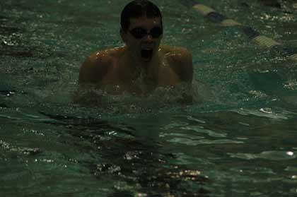 Sumner's Zane Gustafson sprints the breaststoke leg of the 200-yard individual medley during action with Bonney Lake.