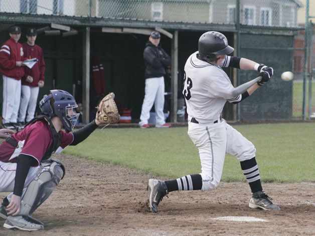 Bonney Lake catcher Nate Potterf hits a numbers-high pitch during the Enumclaw High-Panthers game Wednesday.