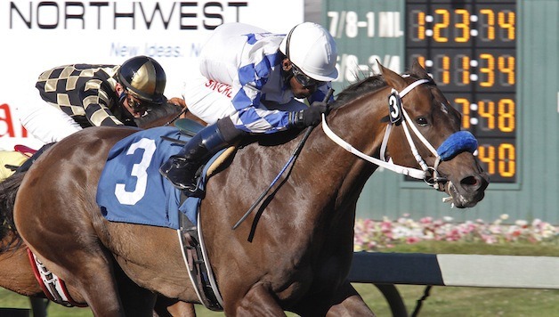 5-year-old Washington-bred gelding Dare Me Devil prevails by one length in the feature race at Emerald Downs. Ridden by Rocco Bowen