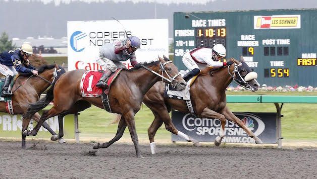 Coal Creek Farm's My Heart Goes On and jockey Juan Gutierrez prevail by a head in the $50