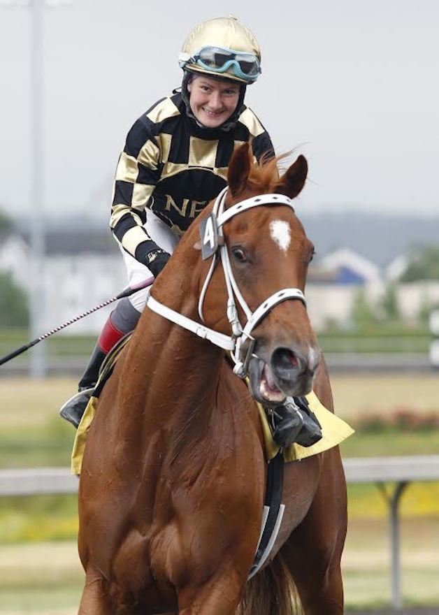 Nelson Family Racing's Disruption and jockey Eliska Kubinova head for the Winner's Circle after a June 14 allowance victory at Emerald Downs. The 4-year-old Street Boss gelding goes for glory Sunday in the 79th running of the $200