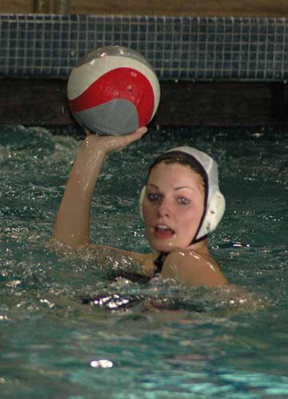 Brenna Allsop looks for an open teammate during Sumner-Bonney Lake girls water polo action March 26 with Enumclaw.