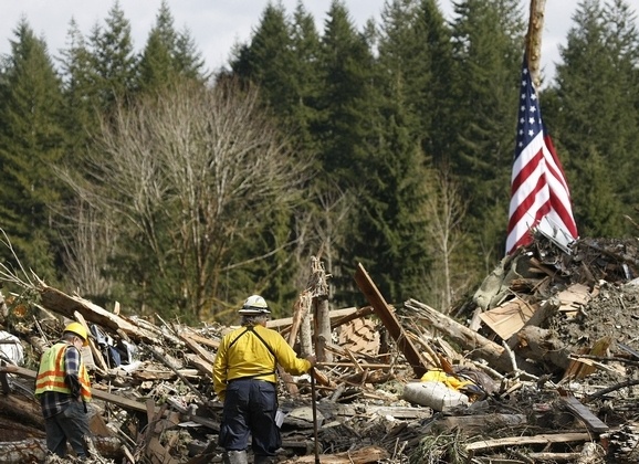 Members of the forest service search through debris at mudslide site.