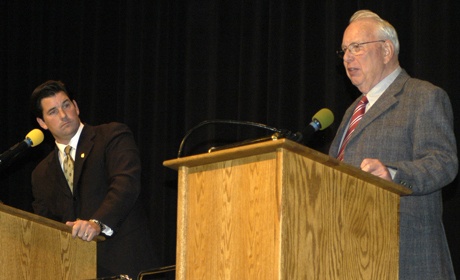 Sumner Mayor Dave Enslow answers a question during the Oct. 22 debate while his opponent