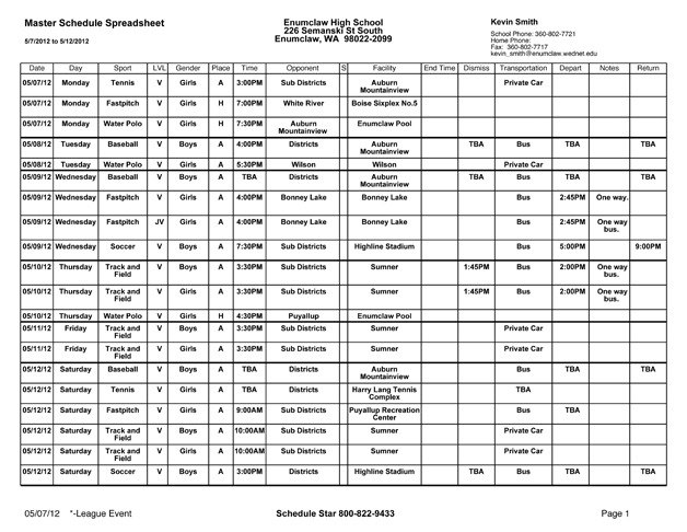 EHS sports schedule for the week