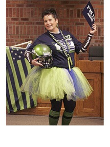 Enumclaw Mayor Liz Reynolds shows her Seahawk spirit Jan. 28 at City Hall.