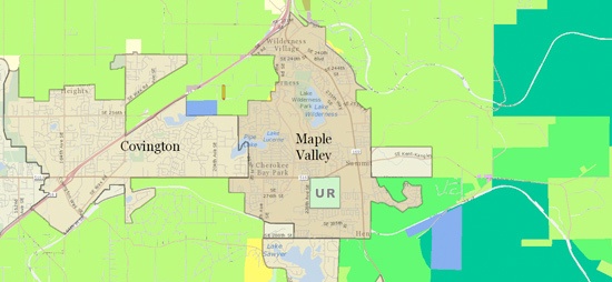 The light green areas around the cities of Covington and Maple Valley are designated as RA-5 zones