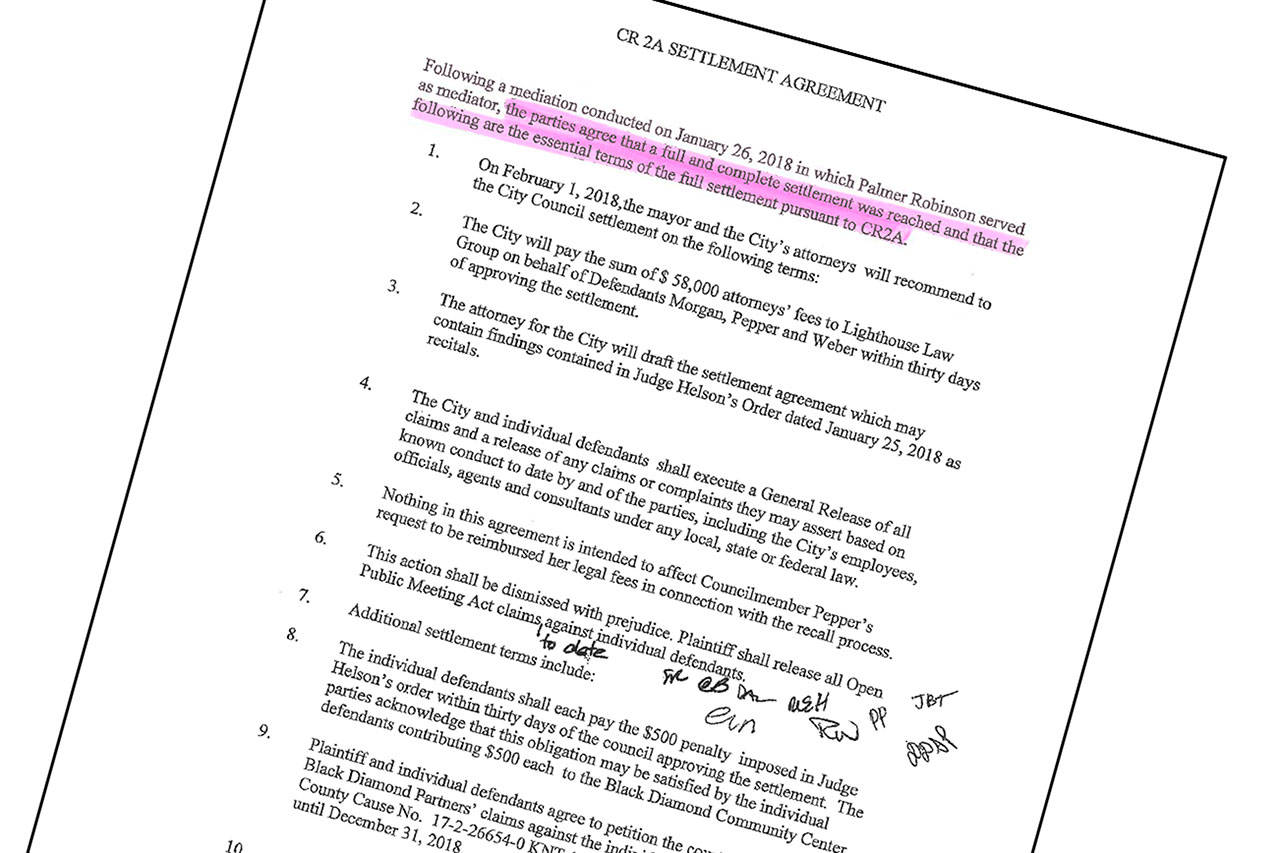 Developer Oakpointe, the city of Black Diamond and individual defendants Pat Pepper, Brian Weber and Erika Morgan agreed to a settlement that halts the Open Public Meetings Act lawsuit Oakpointe filed against the city.