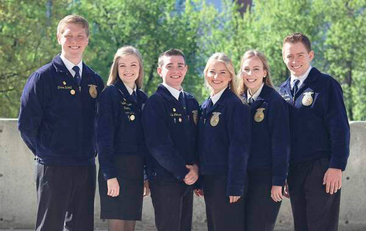 Left to right are the new Washington State FFA officers - Vice President Trevor Schmitt, President Sadie Aronson, Treasurer Kyle Johnson, Reporter Karlee Hansen, Secretary Naddile Widner and Sentinel Zach Schilter. Photo courtesy Washington FFA