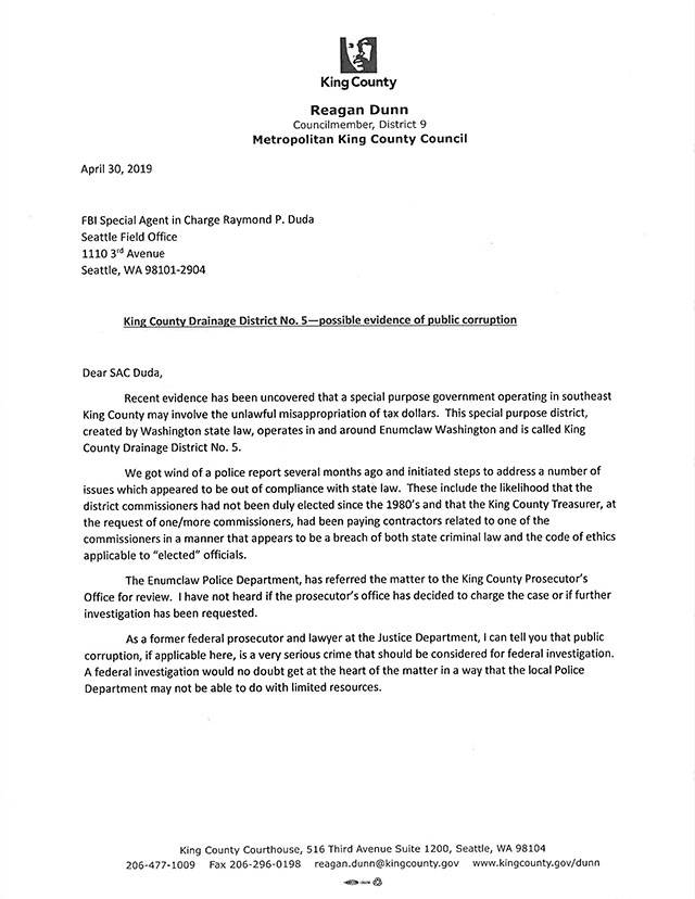 A letter King County Councilman Reagan Dunn sent to the FBI asking for them to help investigate Allan Thomas, an Enumclaw local who is under investigation for stealing more than $400,000 of public funds and skirting election laws. A larger image of the letter, plus additional correspondence with Allan Thomas, is embedded at the end of the article. Image courtesy Reagan Dunn’s office