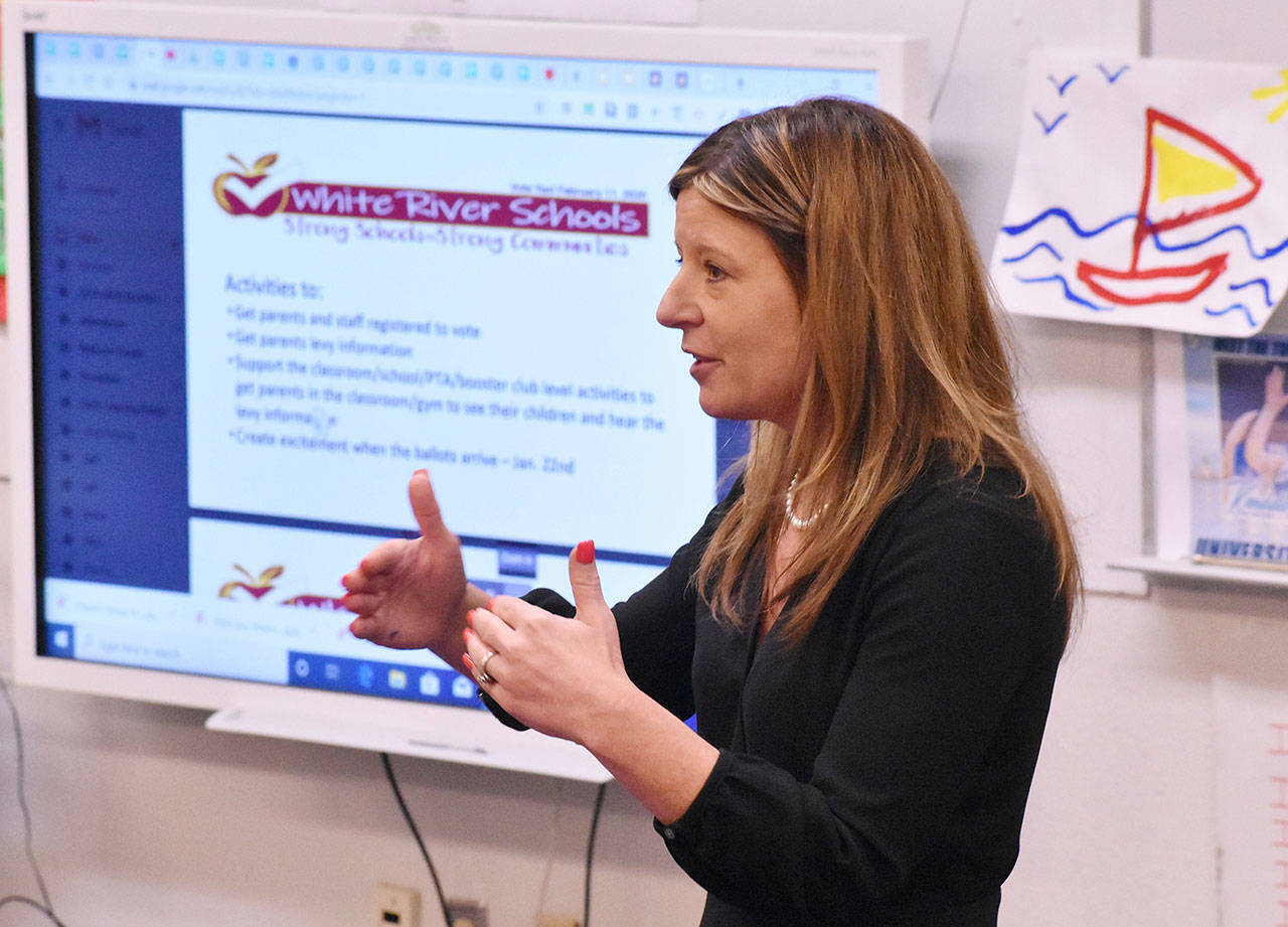 White River Superintendent Janel Keating Hambly discussed details surrounding the district’s Feb. 11 levy request during a public session Thursday at the WR Early Learning Center. Photo by Kevin Hanson