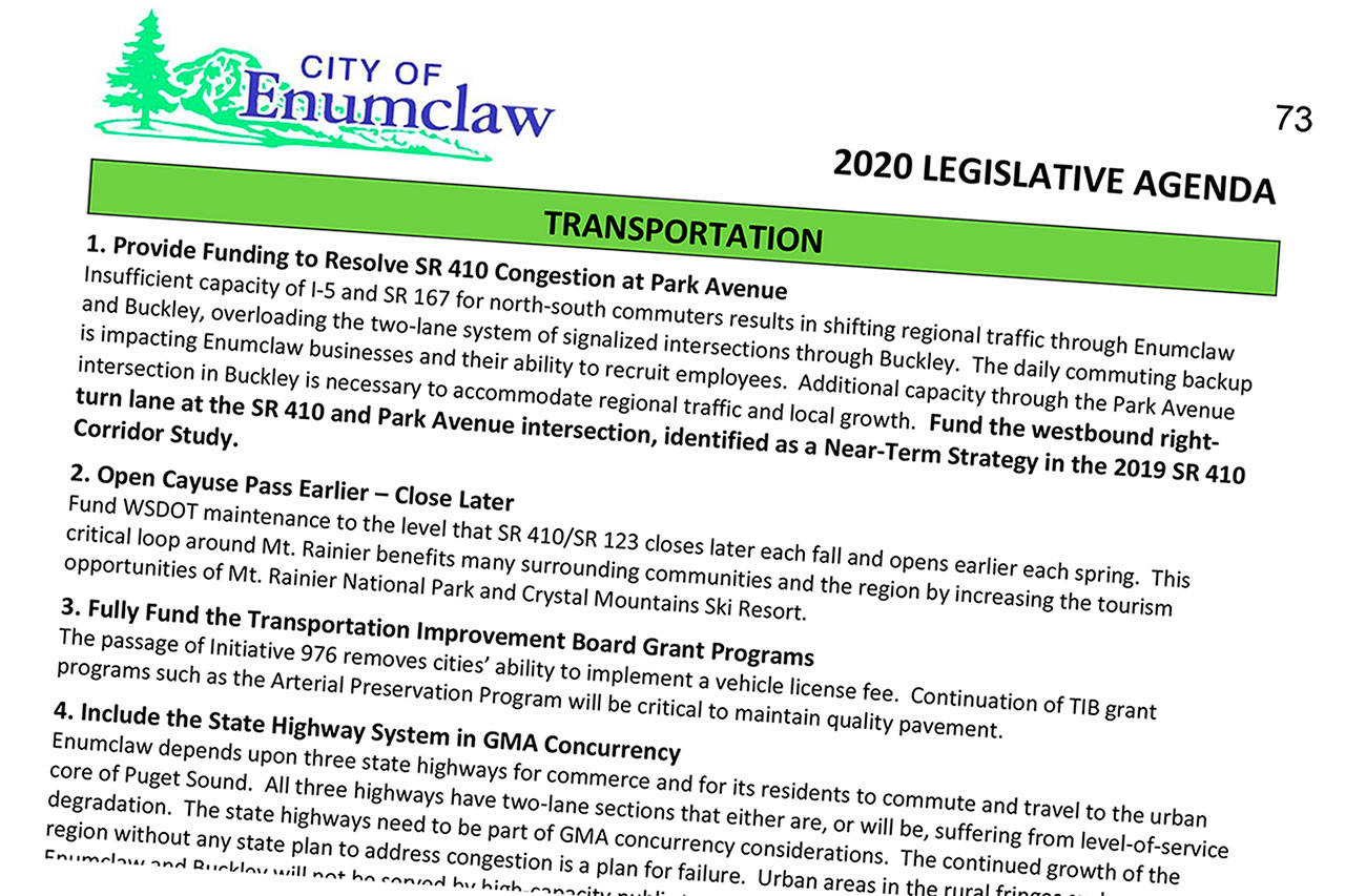 The Enumclaw City Council has several issues it wants the state legislature to consider this year. For a full list, go to <a href="https://www.cityofenumclaw.net/AgendaCenter/ViewFile/Agenda/_01132020-1178?html=true" target="_blank">https://www.cityofenumclaw.net/AgendaCenter/ViewFile/Agenda/_01132020-1178?html=true</a> and download the agenda packet. Image courtesy City of Enumclaw