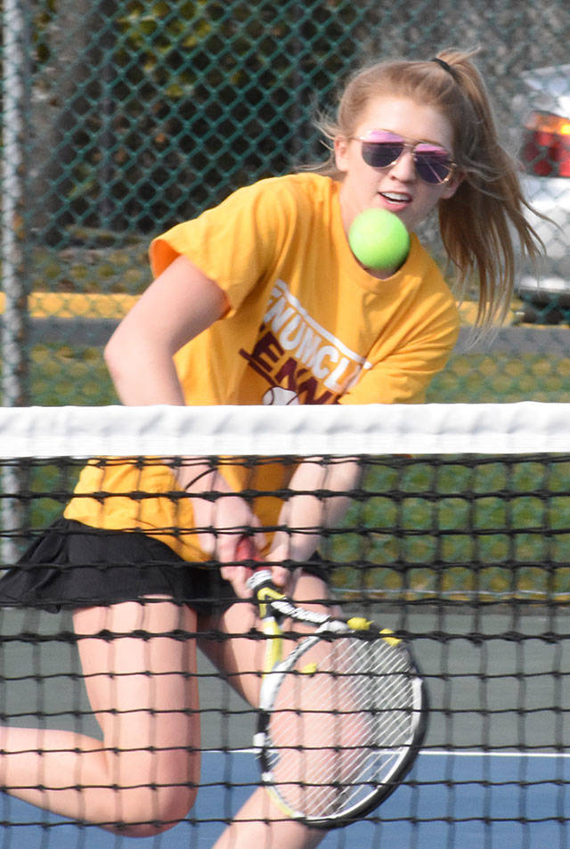 Hornet senior Lauren Bone, pictured here during a match last spring, is one of the key returning players for Enumclaw’s tennis team this year. Photo by Kevin Hanson