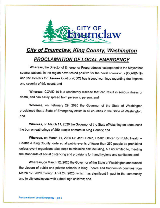 The city of Enumclaw declared a state of emergency on Monday, March 16. Image courtesy city of Enumclaw