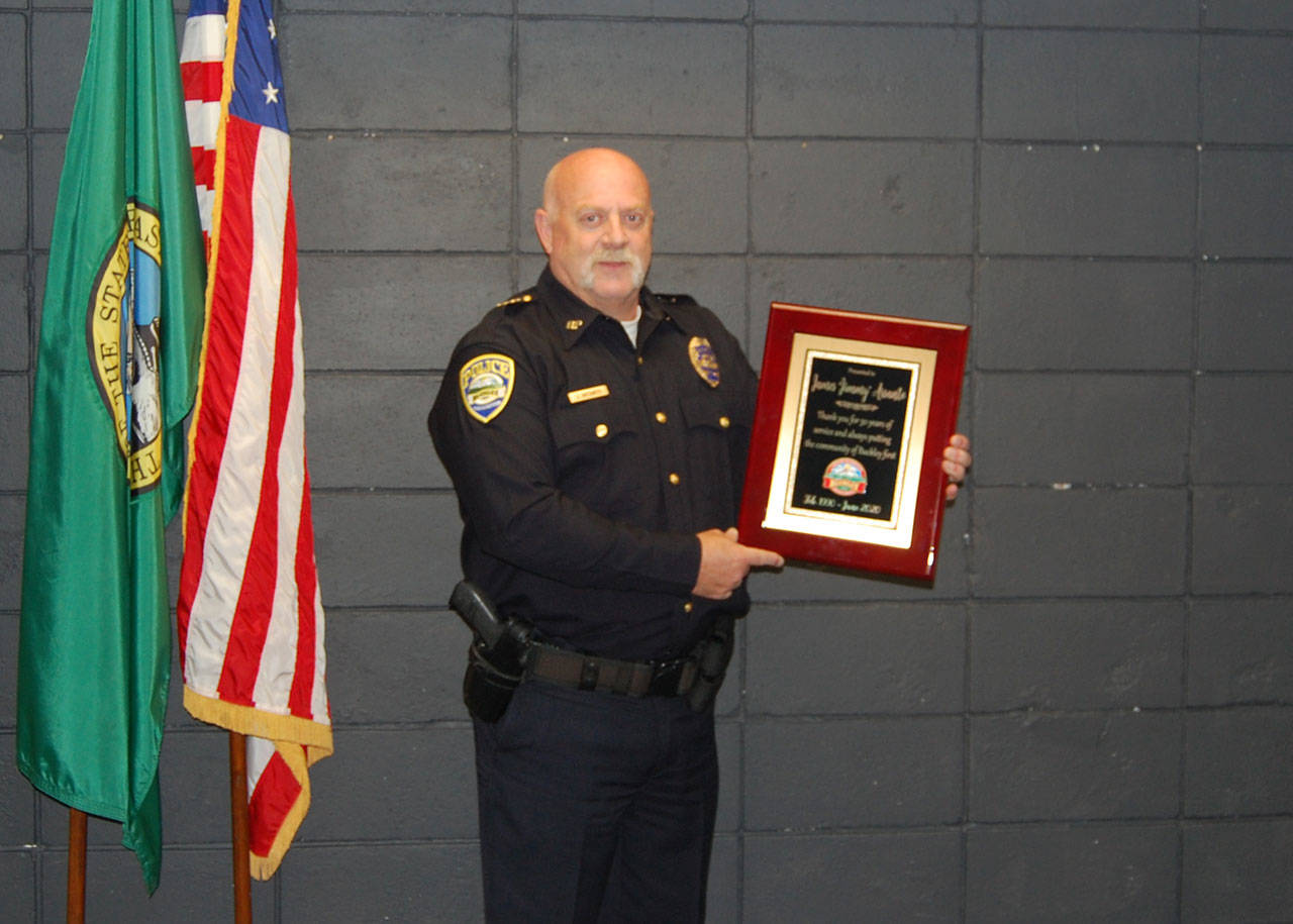 The city had a small celebration for former Buckley Police Chief Jim Arsanto on June 30, his last day, having been an officer of the law since 1987. Image courtesy Assistant Chief Mike Northam