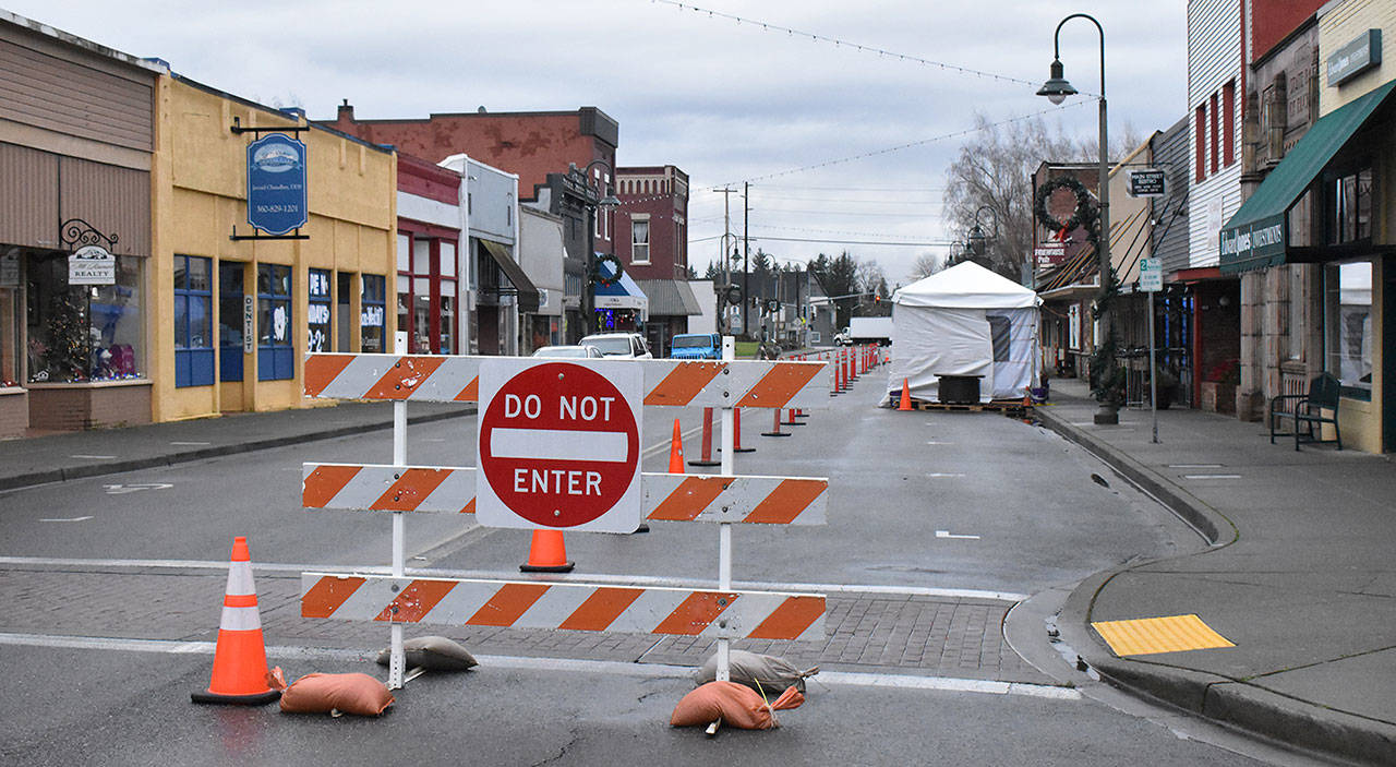 Main Street is now a one-way affair through downtown Buckley. The change aims to provide safety for outside diners. Photo by Kevin Hanson