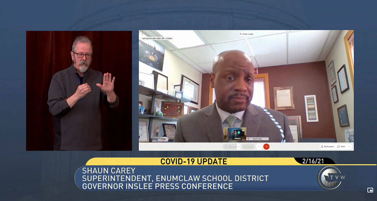 Enumclaw School District Superintendent Shaun Carey got to spotlight Enumclaw’s achievements in returning to school with low COVID-19 transmission rates during a statewide briefing with Gov. Jay Inslee. Screenshot