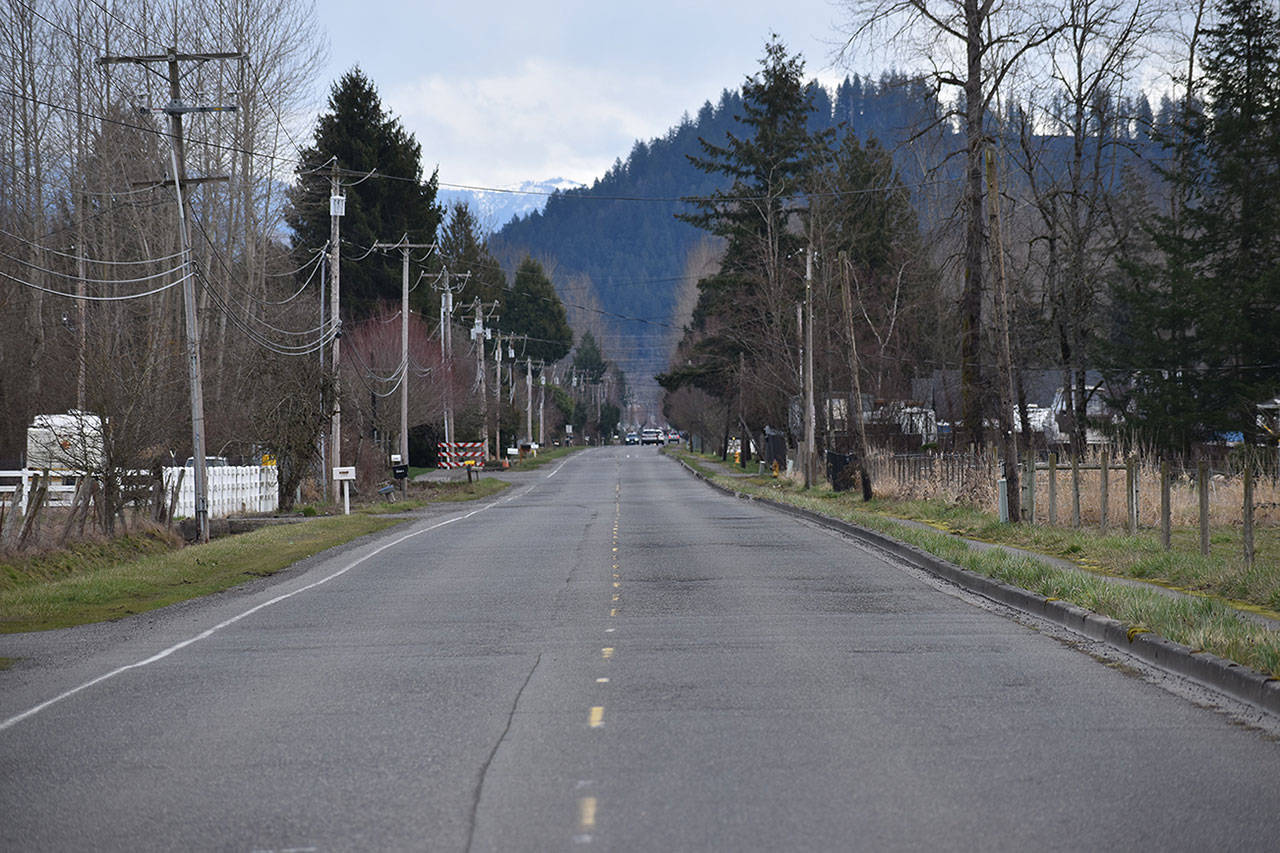 Looking east on March 9 from Mundy Loss Road, the years of wear-and-tear on 112th Street East in Buckley are apparent. The city aims to grind and repave nearly a mile of the road from its intersection at Mundy Loss Road to Highway 165. Photo by Alex Bruell