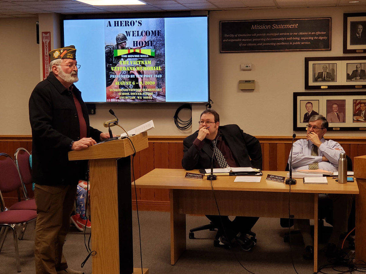 Photo by Ray Miller-Still 
Keith Mathews of the Enumclaw VFW Post 1949 announcing back in February 2020 that the moving Vietnam Memorial would be visiting Enumclaw. The wall’s visit was postponed due to the coronavirus pandemic.