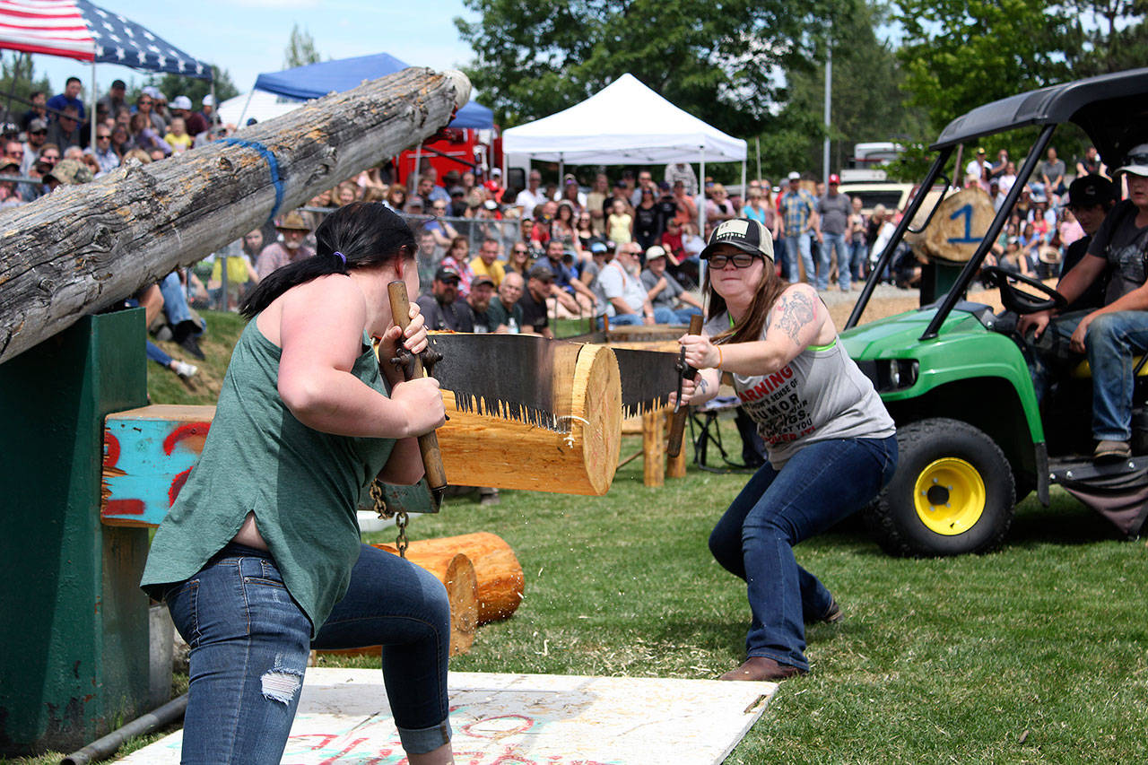 In this Courier-Herald file photo, two Buckley Log Show contestants team up to see which couple can hand-saw through a log the fastest. Photo by Ray Miller-Still