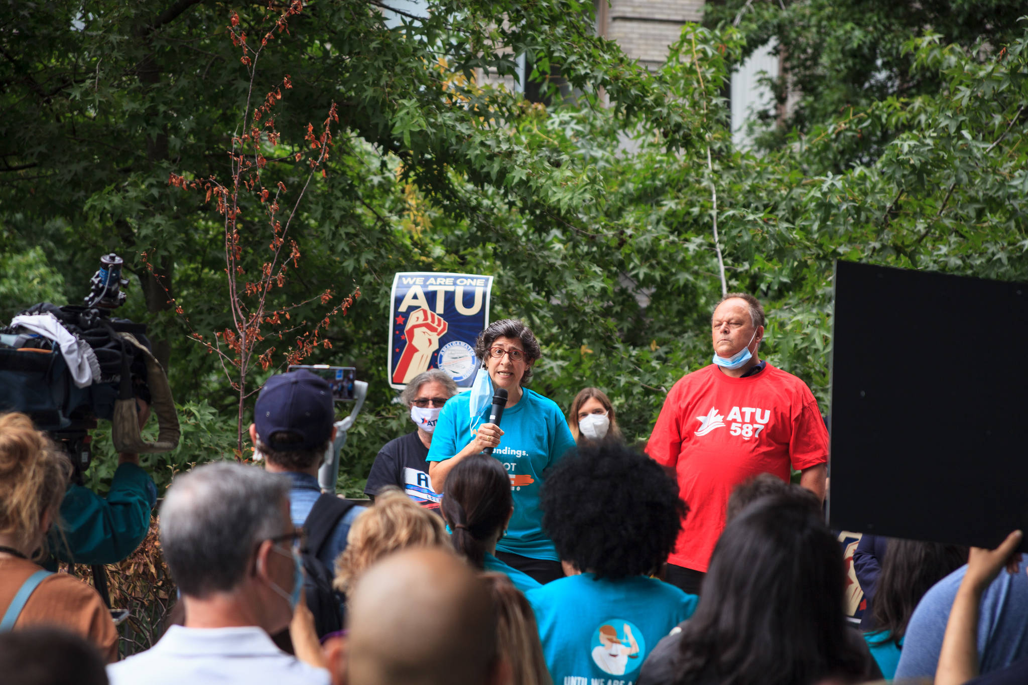 Amy Freedheim gives a speech to county employees and supporters during a march for women’s safety at work in Seattle on Friday, Aug. 6, 2021. The march was scheduled after a woman was attacked in a bathroom at the King County Courthouse. Photo by Henry Stewart-Wood/Sound Publishing