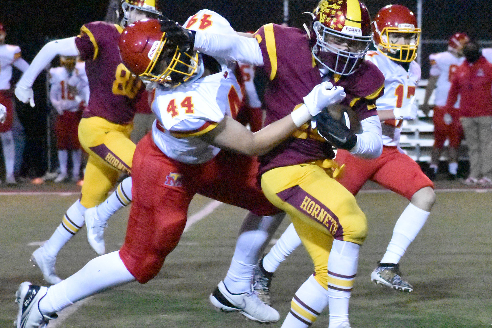 FILE PHOTO BY KEVIN HANSON
Football is set to return as a fall sport, with turnouts beginning today (Wednesday) across the state. This follows a COVID year that had football being played mostly in March, as was the case in this Enumclaw High photo.