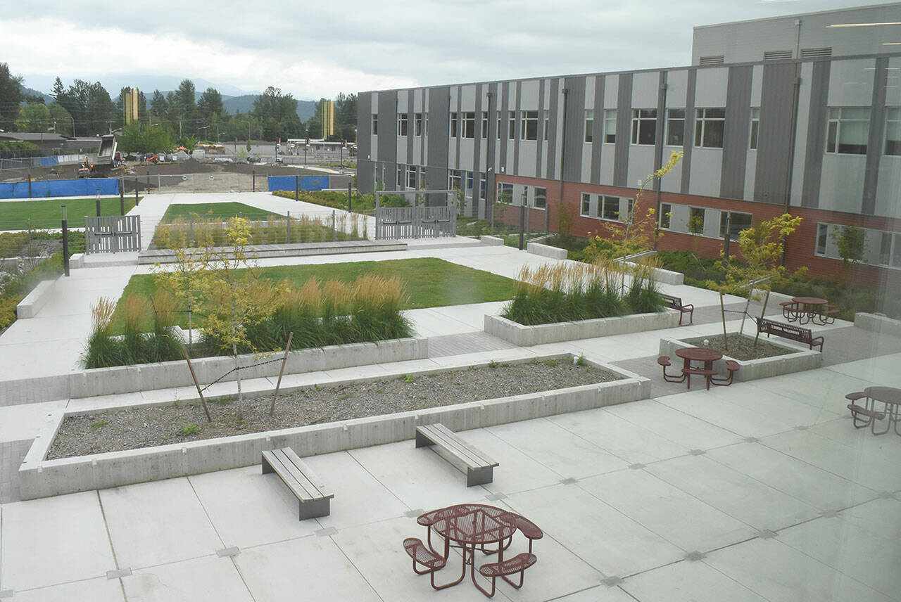 Enumclaw High School students were set to enjoy some new amenities at their school for the entire year — until COVID-19 hit. Now, the school — like this courtyard — will remain empty, at least for the time being. File photo by Kevin Hanson