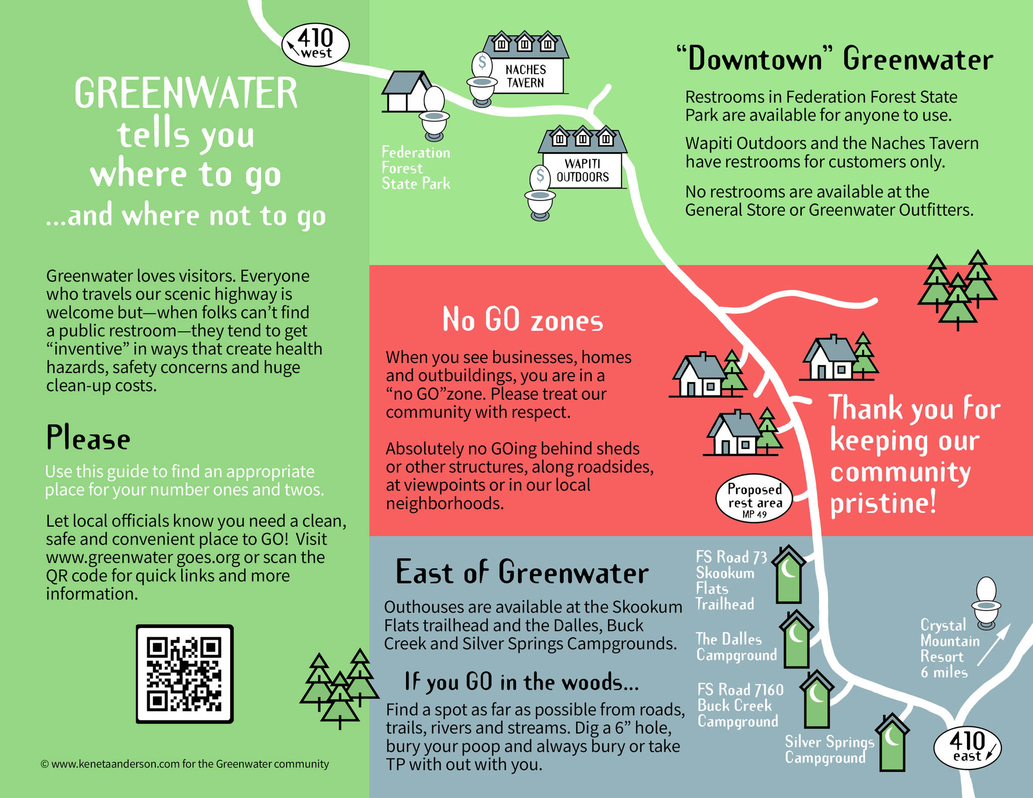 This map was created to help travelers meet their basic needs while respecting Greenwater businesses and private property owners.