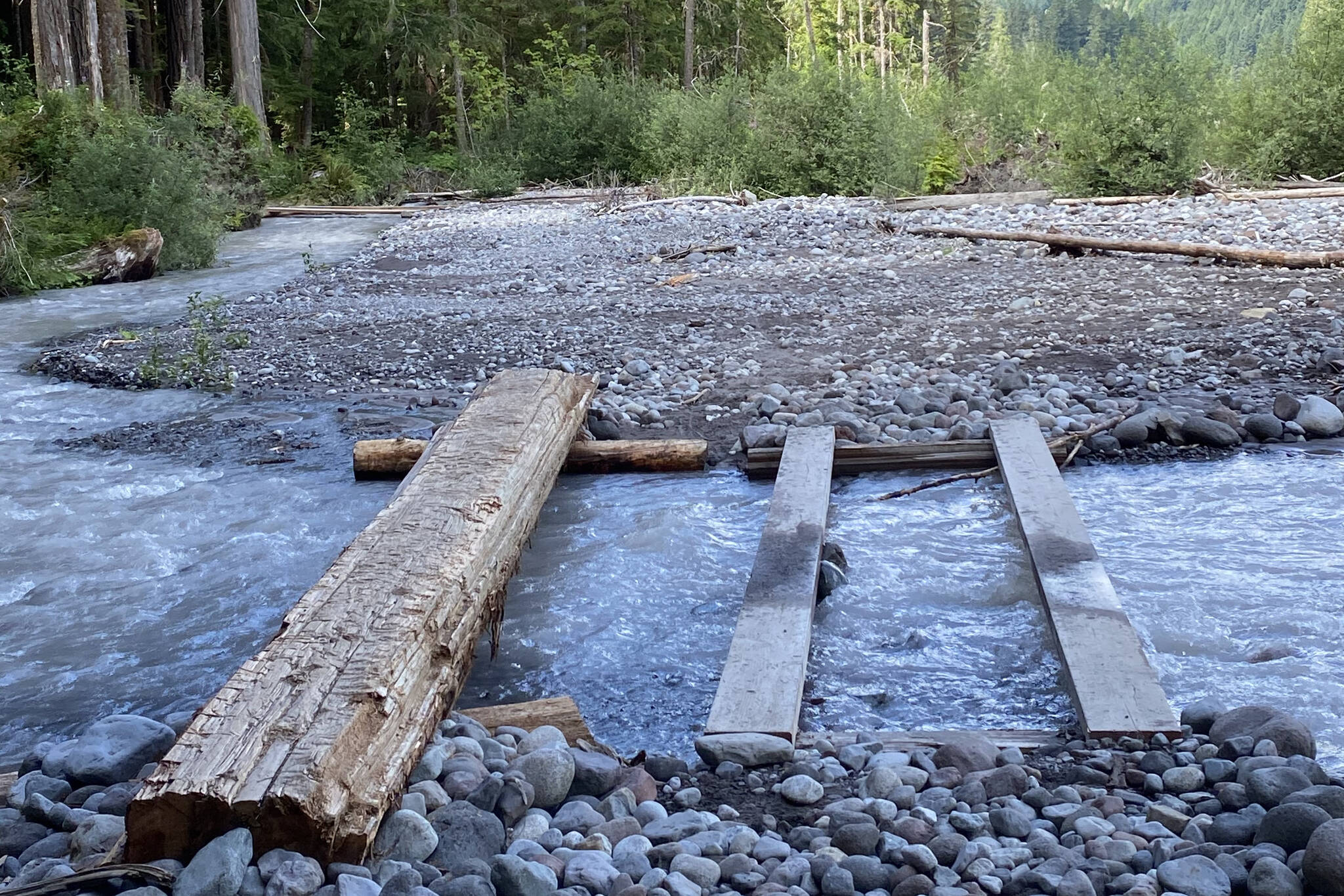 Crossing the Carbon River requires a bit of balance.