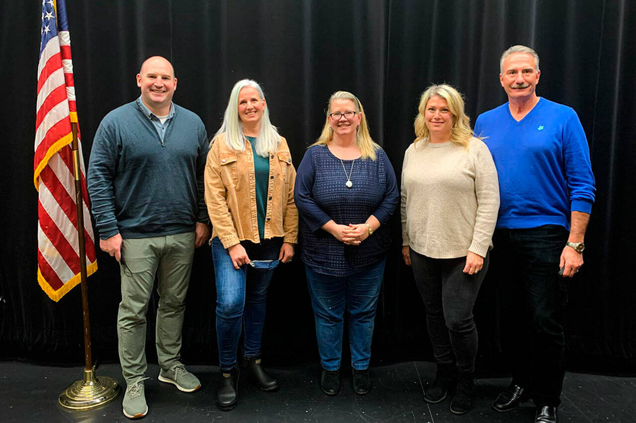 Enumclaw School District Board President Tyson Gamblin and Directors Jennifer Kent, Lori Metschan, Julianne DeShayes, and Paul Fisher. Photo courtesy Enumclaw School District