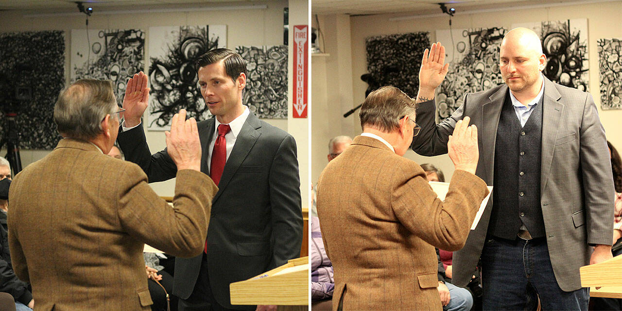 Chris Gruner, right, and Bobby Martinez, left, taking their oath of office during the Jan. 10 meeting. Photos by Ray Miller-Still