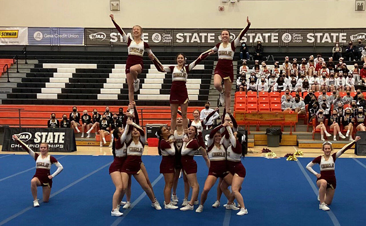 EHS cheer nailed their tumble routine during state, scoring 88.5 points and earning first place. Photo courtesy Tanja Bill