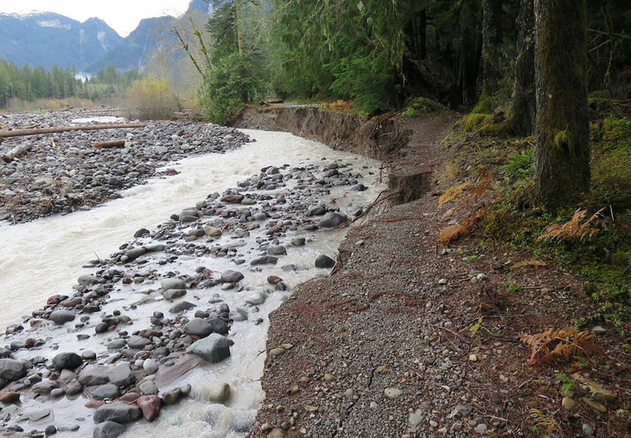 The washout of the Carbon River Trail (former road) within Mount Rainier National Park. Photo courtesy the National Park Service