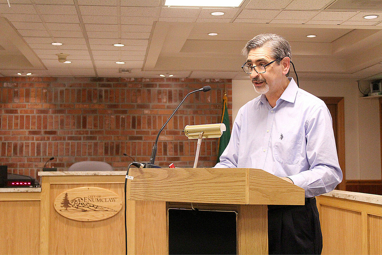 Enumclaw Mayor Jan Molinaro giving his State of Enumclaw speech at City Hall on Thursday, April 7. You can watch the full speech at the end of this article, or at <a href="https://cityofenumclaw.net/CivicMedia?VID=336" target="_blank">cityofenumclaw.net/CivicMedia?VID=336</a>. Photo by Ray Miller-Still