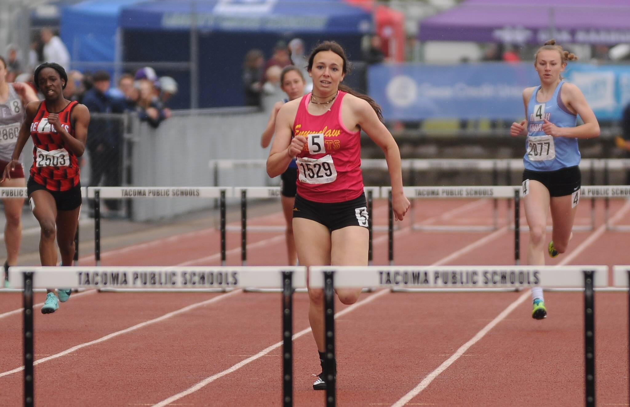 Ellie DeGroot is your Class 2A state champion in the 300- and 100-meter hurdles. She set personal records in both events at the track and field championships last week. Photo by Michael Dashiell, Sequim Gazette.