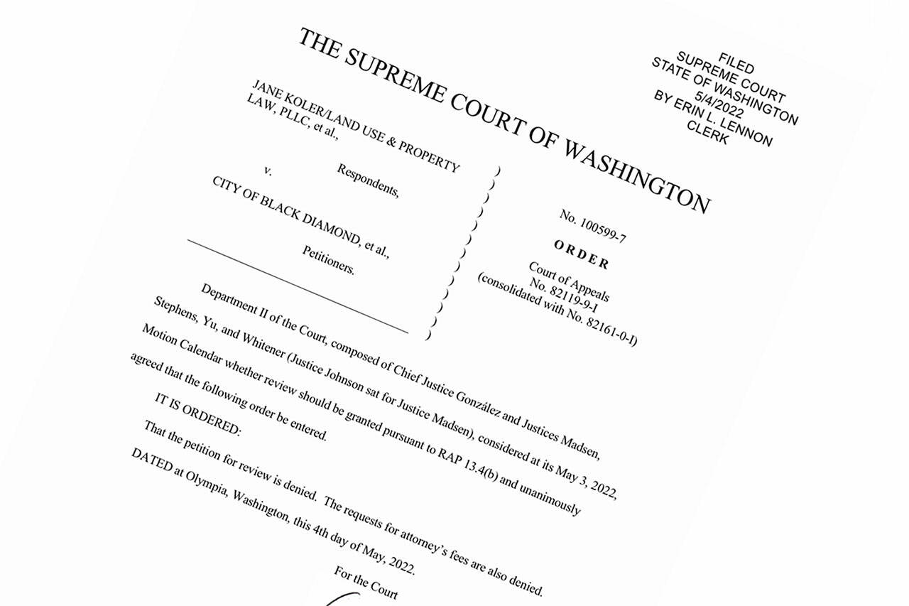 The Washington state Supreme Court denied review of a lawsuit against Black Diamond, upholding a lower court’s ruling that the city council, not Mayor Carol Benson, has the power to hire and fire legal counsel.