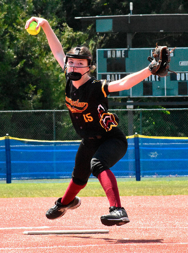 Enumclaw High junior Emilie Crimmins was named the league’s Pitcher of the Year. In this photo, she delivers during the Class 2A state tournament. Photo by Kevin Hanson