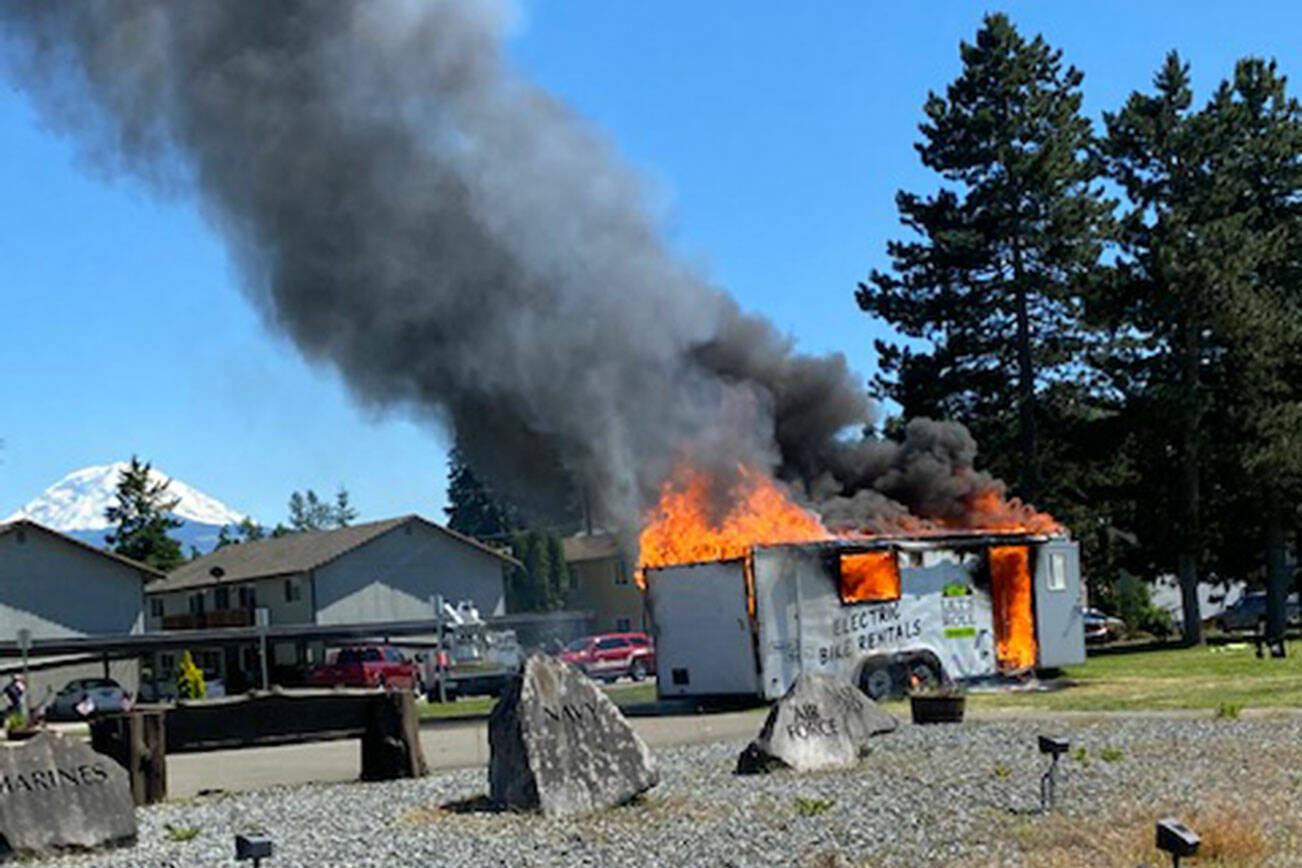 The Let’s Roll Buckley trailer burned June 26 after a battery caught fire. Photo courtesy Bob Duchaine.