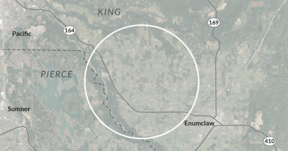 The Washington State Department of Transportation used this image in an online open house to show the approximate location that a “King County East” airport would be considered. The image reflects the general area the report considered and is not an exact snapshot of the hypothetical airport’s geographic footprint.