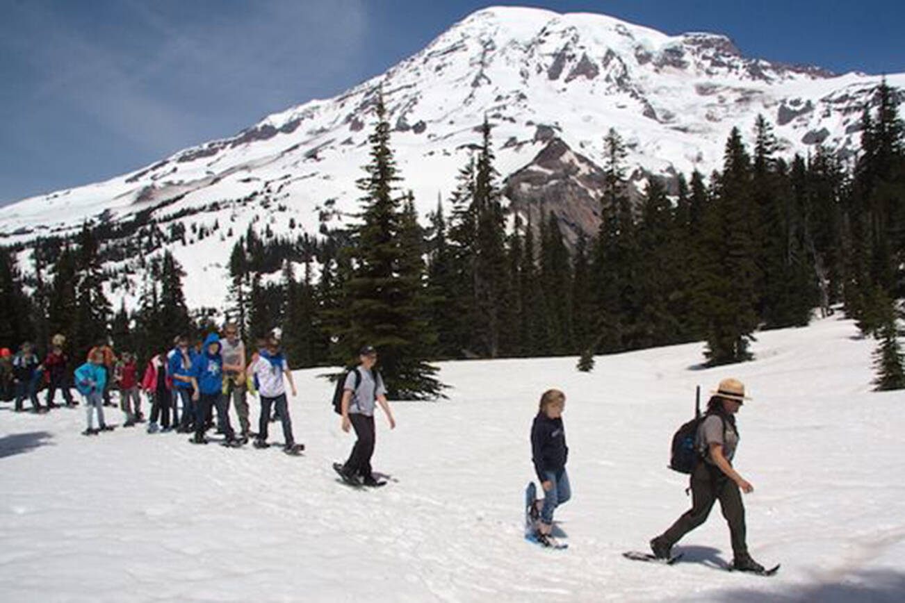 A ranger leads a snowshoe program in the Paradise area. Snowshoe programs are available in the spring.
Photo courtesy National Park Service