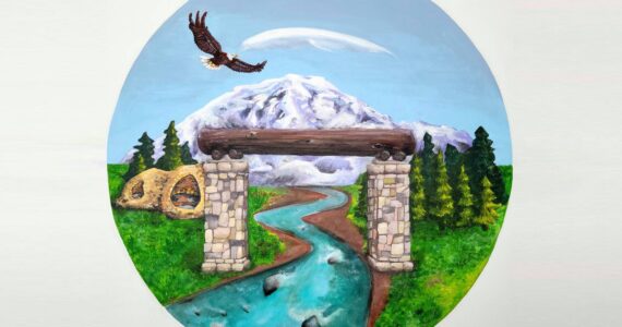 Historic Wilkeson. Logo concept with the Carbon River Cooridor beginning at the Glacier Gate and extending to Mount Rainier. (Acrylic on canvas, by Sara Sutterfield. Submitted to Town of Wilkeson June 16th, 2022.)