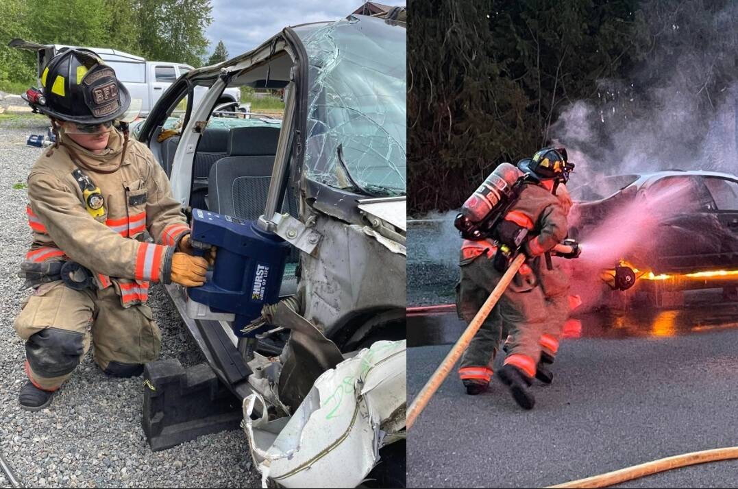 A Buckley Firefighter training with the jaws of life and another photo of a firefighter practicing putting out a car fire for training. Photo Courtesy of Buckley Fire Department