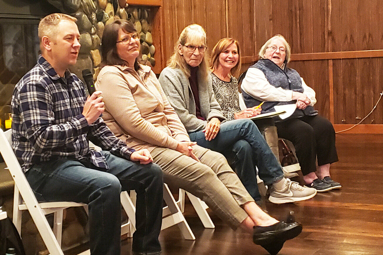 Photo by Ray Miller-Still
Left to right, Buckley City Council member Brandon Green, challenger Maureen Sundstrom, Council member Connie Bender, challenger Denice Bergerson, and Council member Lyn Rose recently spoke policy at the Five2Five event center.