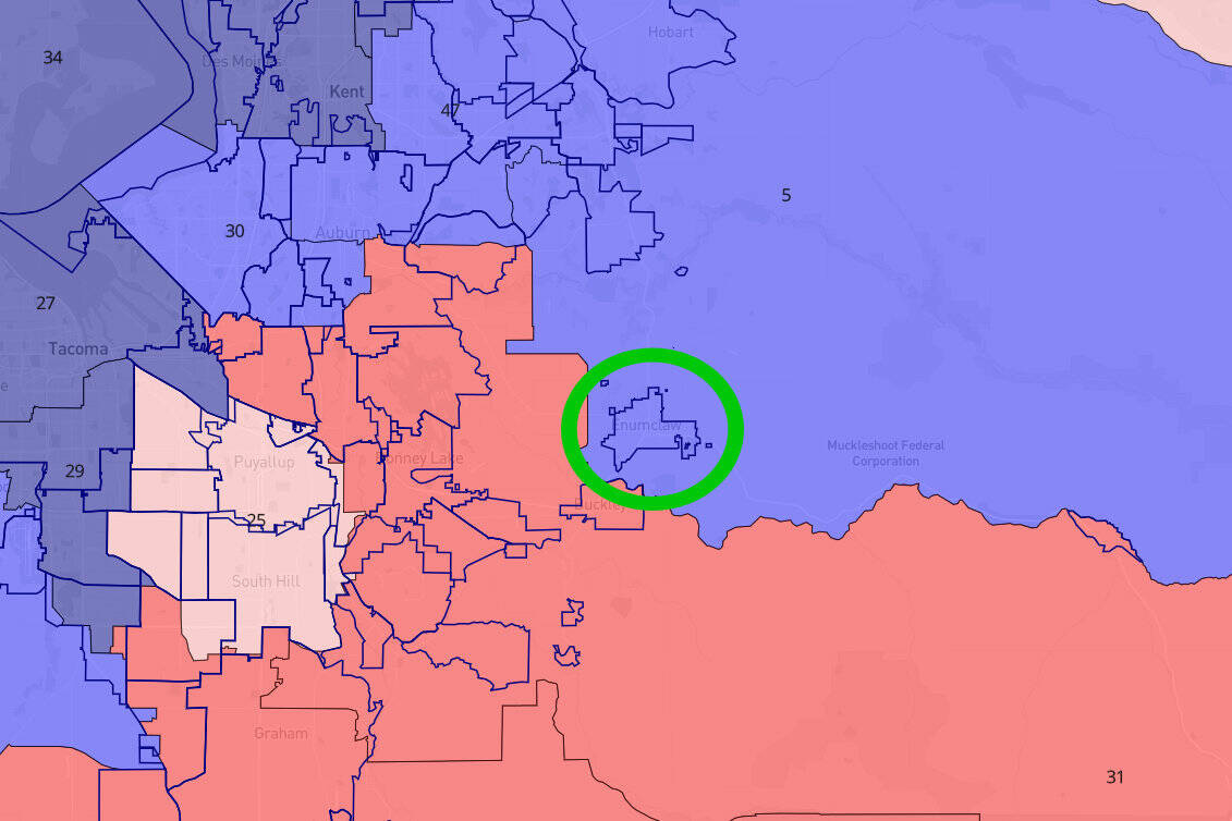 Screenshot courtesy davesredistricting.com
If the Surpreme Court declines an injunction against a recent legislative redistricting, or rules in favor of it if it does pick up the case, Enumclaw will become a part of liberal LD 5.