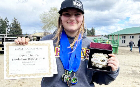 Contributed photo
Among the Plateau’s honored equestrians were Enumclaw’s Payton Clerget, who set a new district record in breakaway roping prior to state.