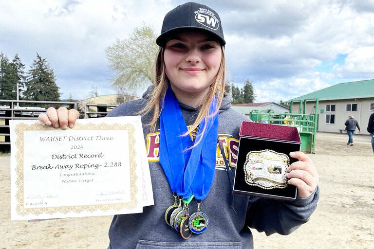 Among the Plateau’s honored equestrians were Enumclaw’s Payton Clerget, who set a new district record in breakaway roping prior to state. Contributed phot