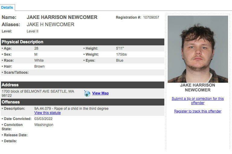 Jake Harrinson Newcomer is registered in King County as a Level II sex offender for rape of a child in the third degree. Screenshot