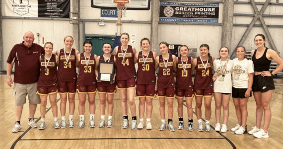 Contributed photo
The championship-winning Hornet varsity squad consisted of (from left): head coach Chris Gibson, Malia Froemke, Vivian Kingston, Jadyn Olson, Dakota Sprouse, Emma Voellger, Kaijah Young, Maggee Schmitz, Kaitlyn Hewlett, Myia Olson, Gracie Banks and assistant coaches Megan Cash and Kendall Bird.