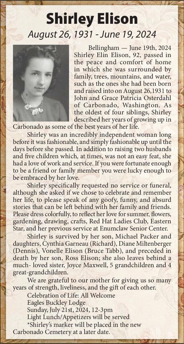 Obit for Shirley Elison